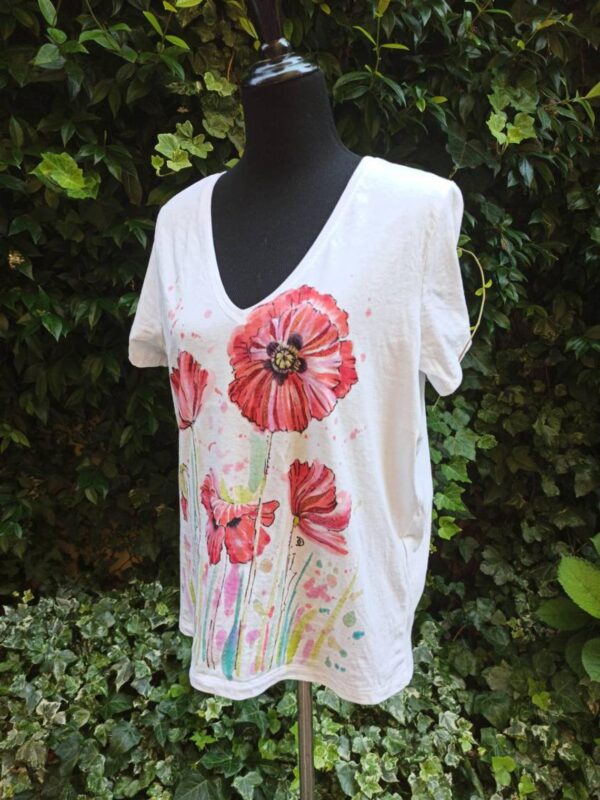 Big Red poppies white cotton v-neck t-shirt with original design.