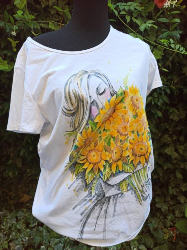 A girl with sunflowers bouquet hand painted white cotton t-shirt.