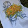 A girl with sunflowers bouquet hand painted white cotton t-shirt.