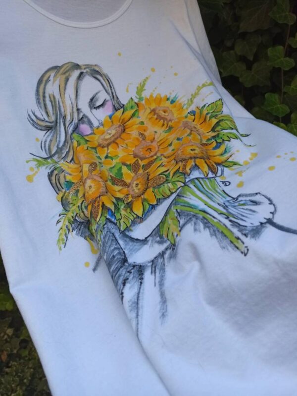 A girl with sunflowers bouquet hand painted white cotton t-shirt.