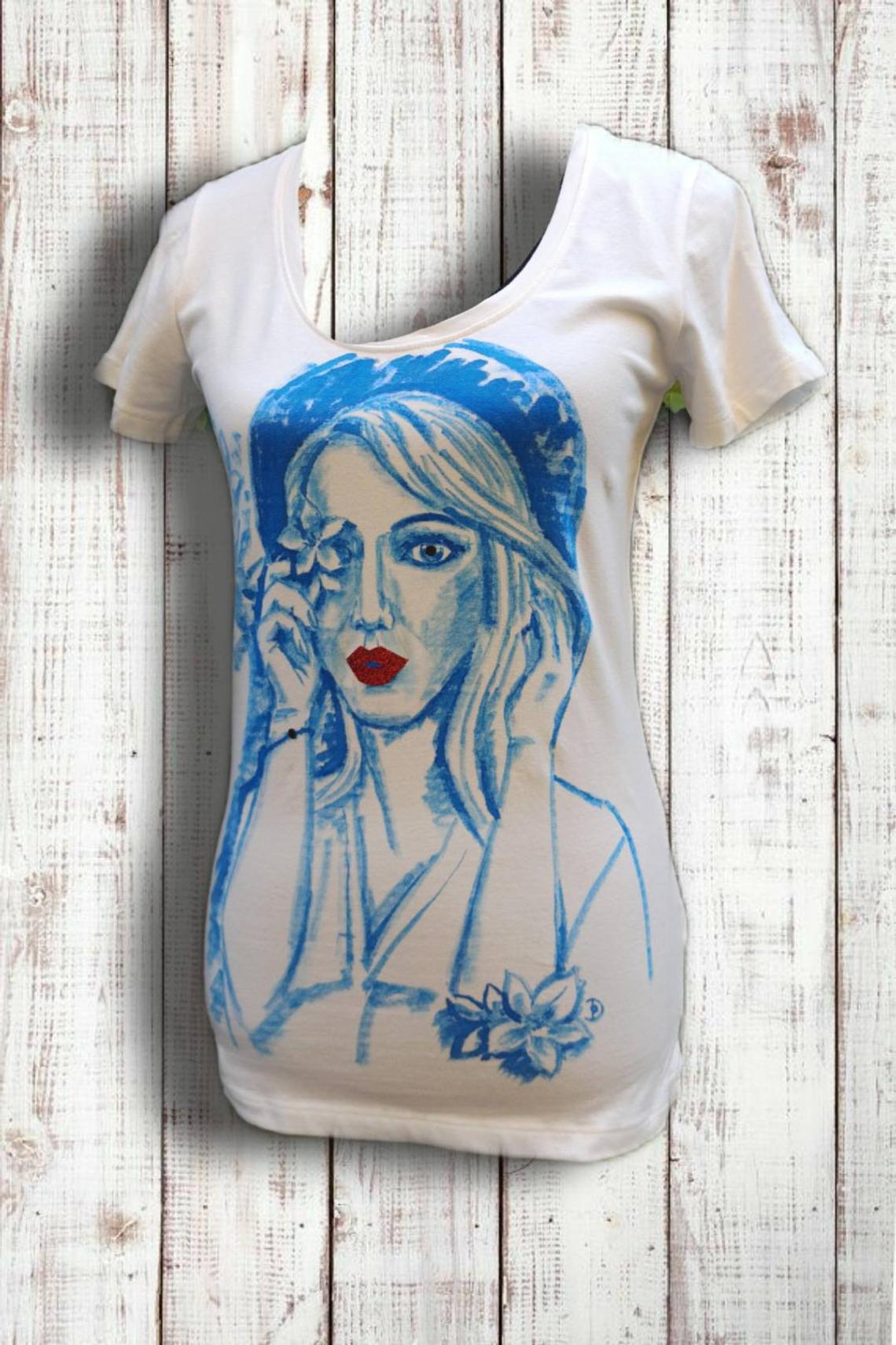 Blue girl hand painted round neck cotton t-shirt. Original author’s painting.
