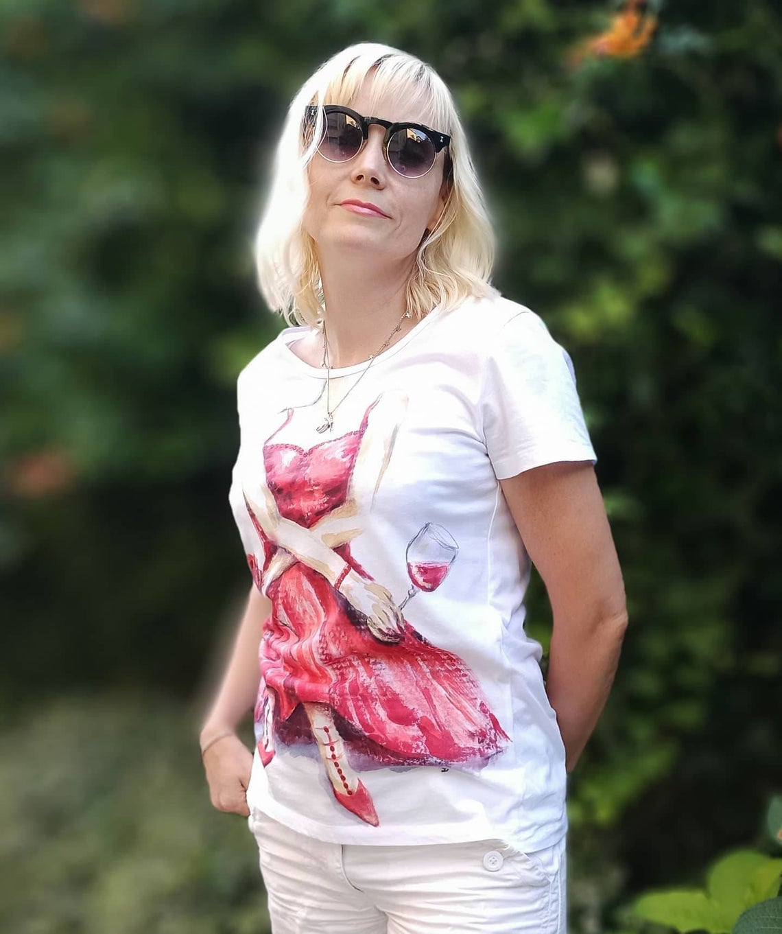 Lady in red hand painted cotton t-shirt