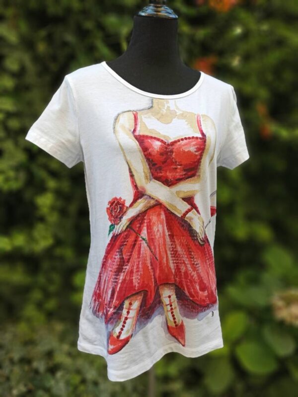 Lady in red hand painted cotton t-shirt