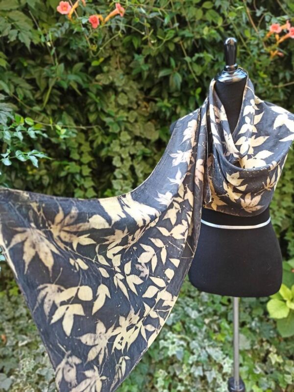 Elegant black ecoprint 100% silk scarf. Leaves and plants impressed on fabric. Ecoprinting and natural dyeing.