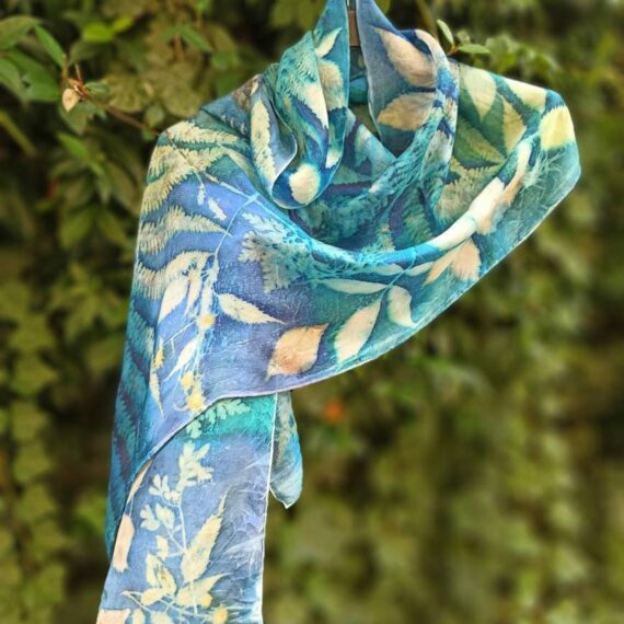 Blue Forest. Hand dyed 100% silk scarf with botanical print. Leaves and plants impressed on fabric. Original colourful accessory.