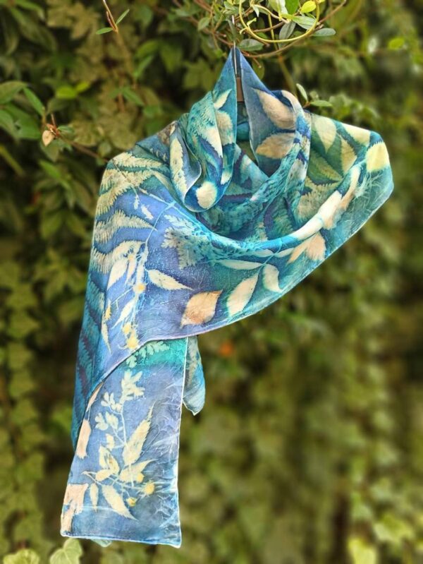 Blue Forest. Hand dyed 100% silk scarf with botanical print. Leaves and plants impressed on fabric. Original colourful accessory.