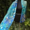 Blue Forest. Hand dyed 100% silk scarf with botanical print. Leaves and plants impressed on fabric. Original colourful accessory.