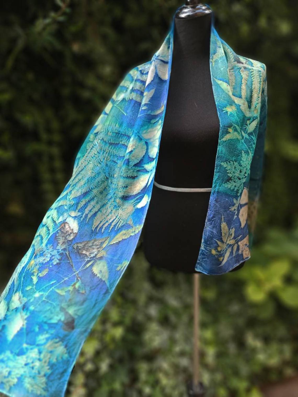Blue Forest. Hand dyed 100% silk scarf with botanical print. Leaves and plants impressed on fabric. Original colourful accessory.
