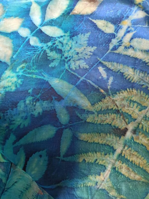 Blue Forest. Hand dyed 100% silk scarf with botanical print. Leaves and plants impressed on fabric. Original colourful accessory.