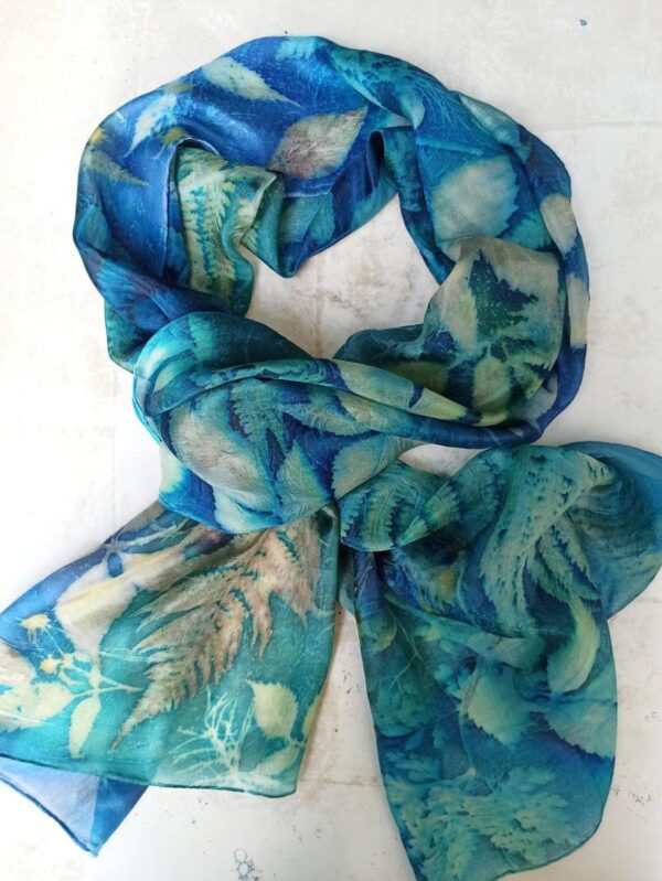 Blue Forest. Hand dyed 100% silk scarf with botanical print. Leaves and plants impressed on fabric. Original colourful accessory.