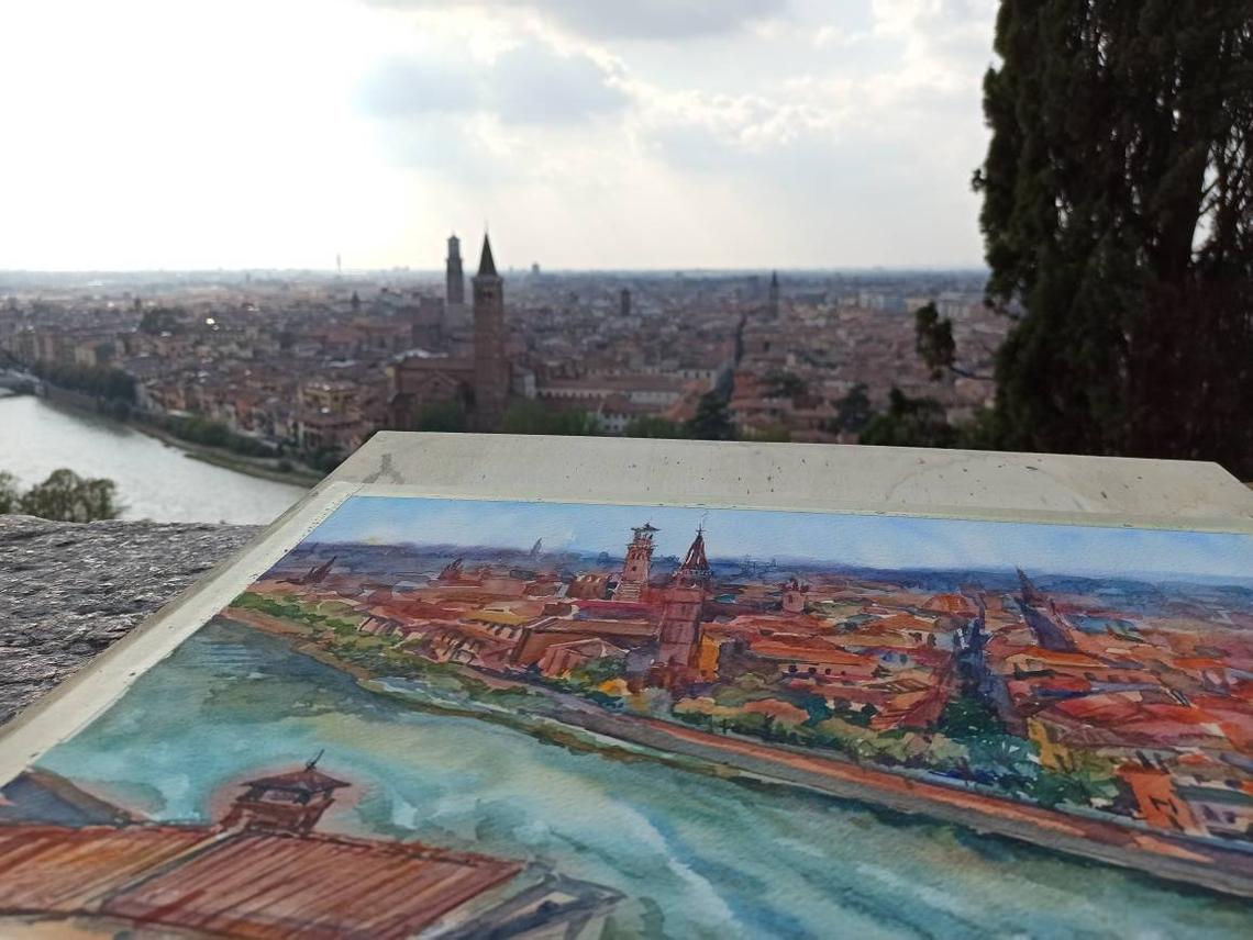 Panoramic view of Verona from castel San Pietro. Original watercolour painting.