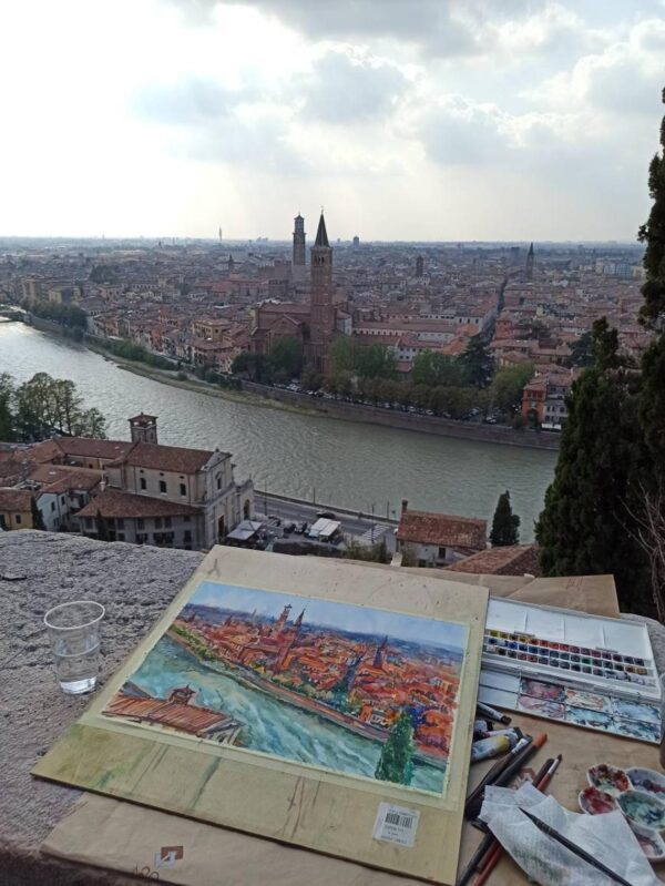 Panoramic view of Verona from castel San Pietro. Original watercolour painting.
