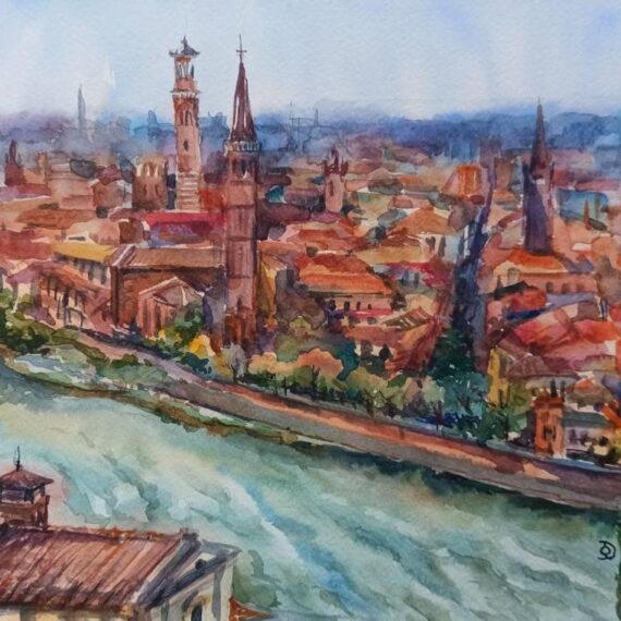 Panoramic view of Verona from castel San Pietro. Original watercolour painting.
