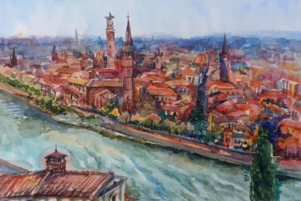 Panoramic view of Verona from castel San Pietro. Original watercolour painting.