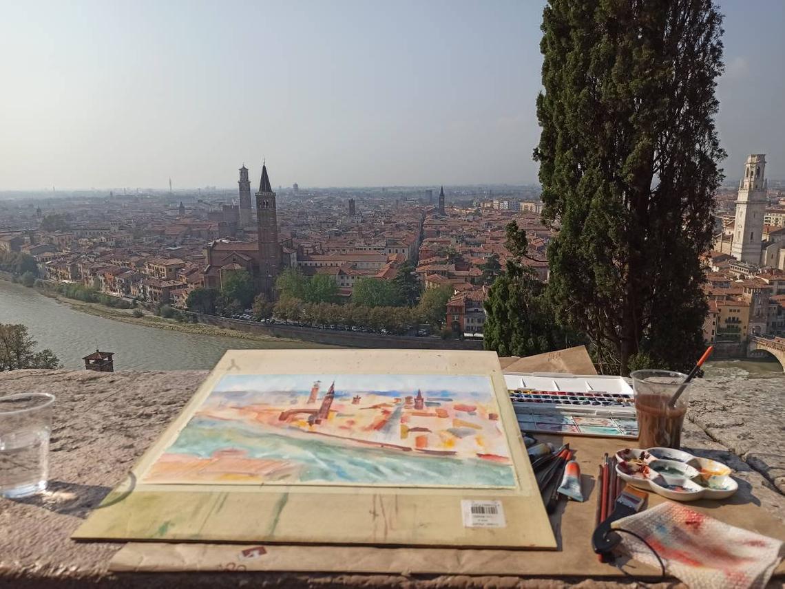 Panoramic view of Verona from castel San Pietro. Original watercolour painting.