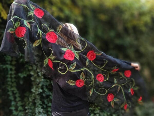 Red and black wetfelted silk organza and merino wool decor stole. Elegant accessory to define simple outfit. Best gift for women.