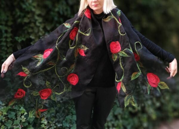 Red and black wetfelted silk organza and merino wool decor stole. Elegant accessory to define simple outfit. Best gift for women.