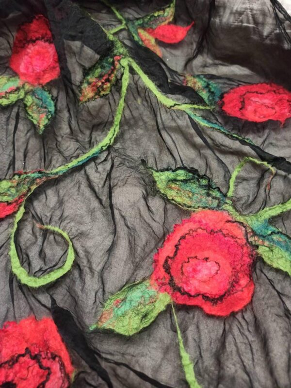 Red and black wetfelted silk organza and merino wool decor stole. Elegant accessory to define simple outfit. Best gift for women.