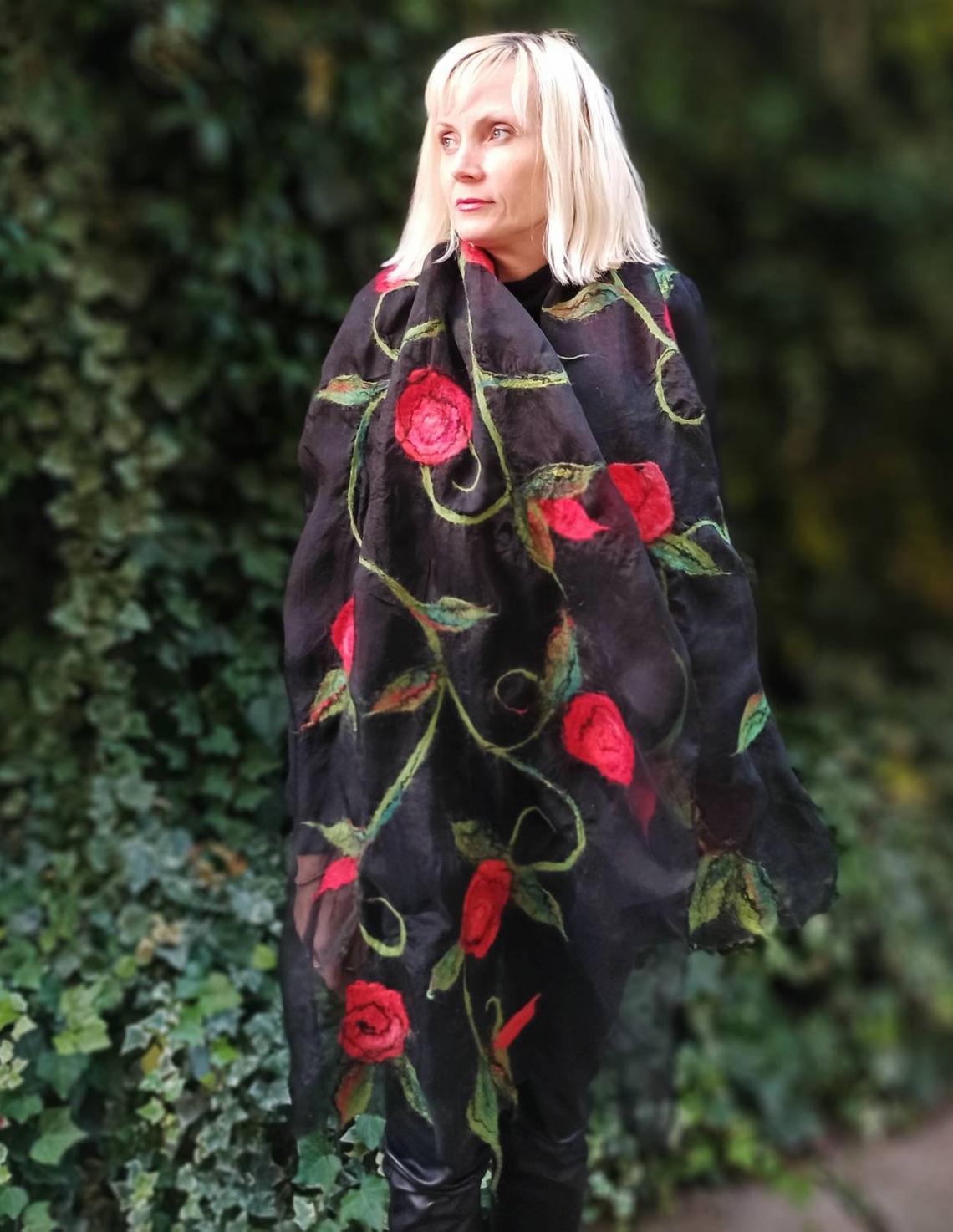 Red and black wetfelted silk organza and merino wool decor stole. Elegant accessory to define simple outfit. Best gift for women.