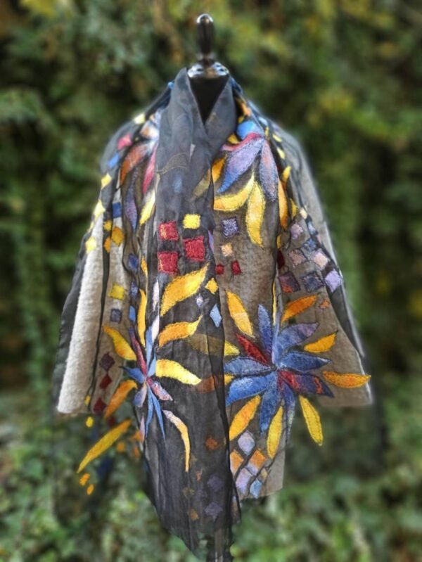 Autumn blues nunofelt silk organza and Merino wool scarf. Elegance of black organza and Merino wool fibers. Original accessory.