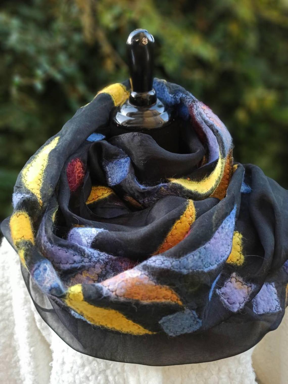 Autumn blues nunofelt silk organza and Merino wool scarf. Elegance of black organza and Merino wool fibers. Original accessory.
