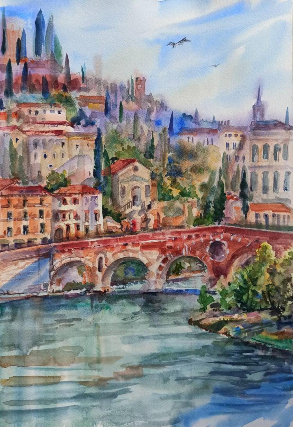 The Stone Bridge Verona original watercolour painting.