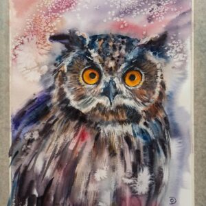 Snow owl portrait original watercolor painting