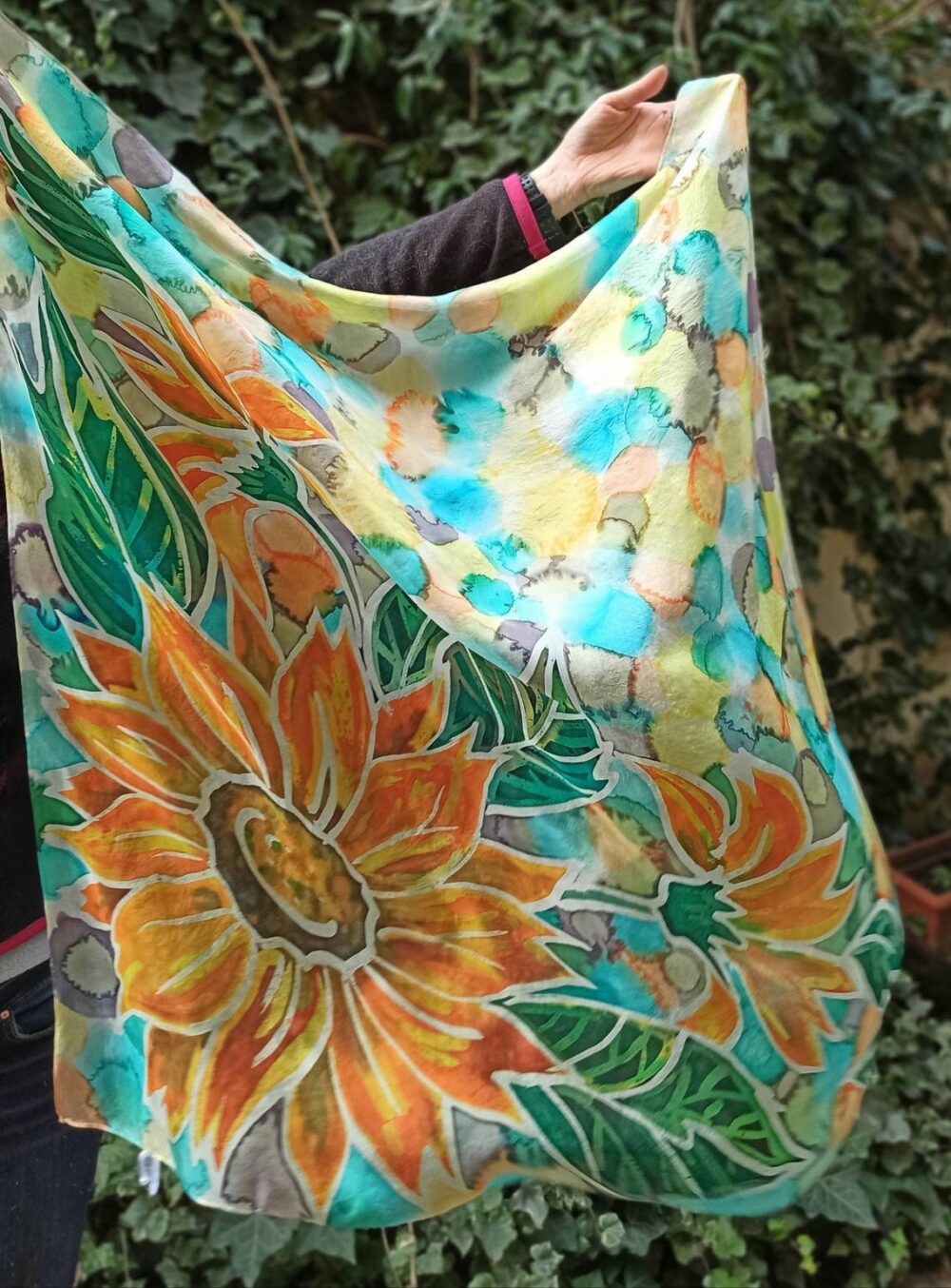 Bright sunflowers hand painted silk square 90x 90cm scarf. Authentic author’s painting. Original women’s colourful accessory. Gift for her.