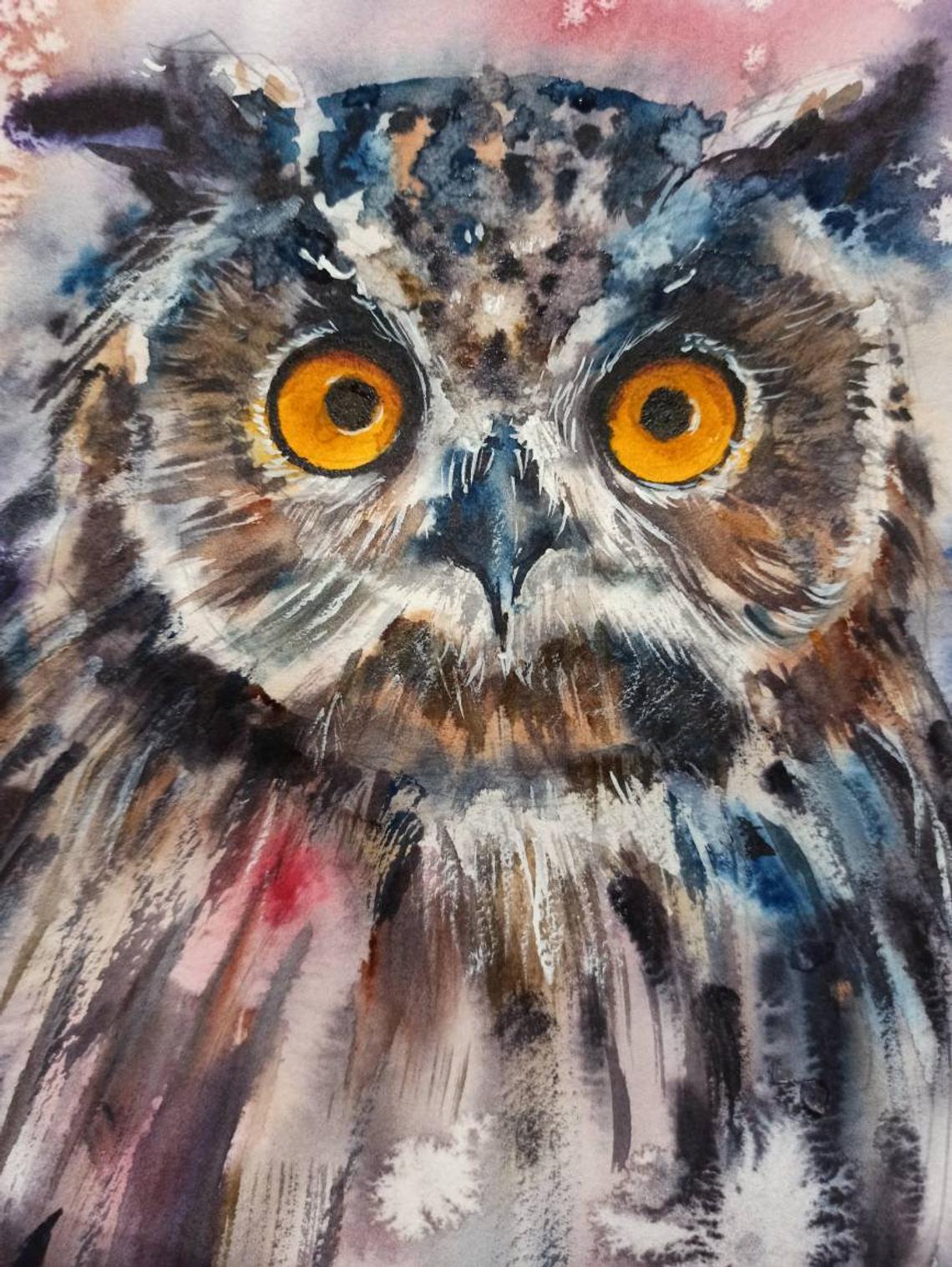 Snow owl portrait original watercolor painting