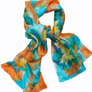 Autumn foliage hand painted 100% silk scarf with leaves fantasy