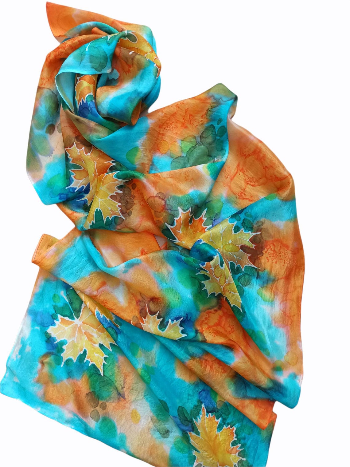 Autumn foliage hand painted 100% silk scarf with leaves fantasy